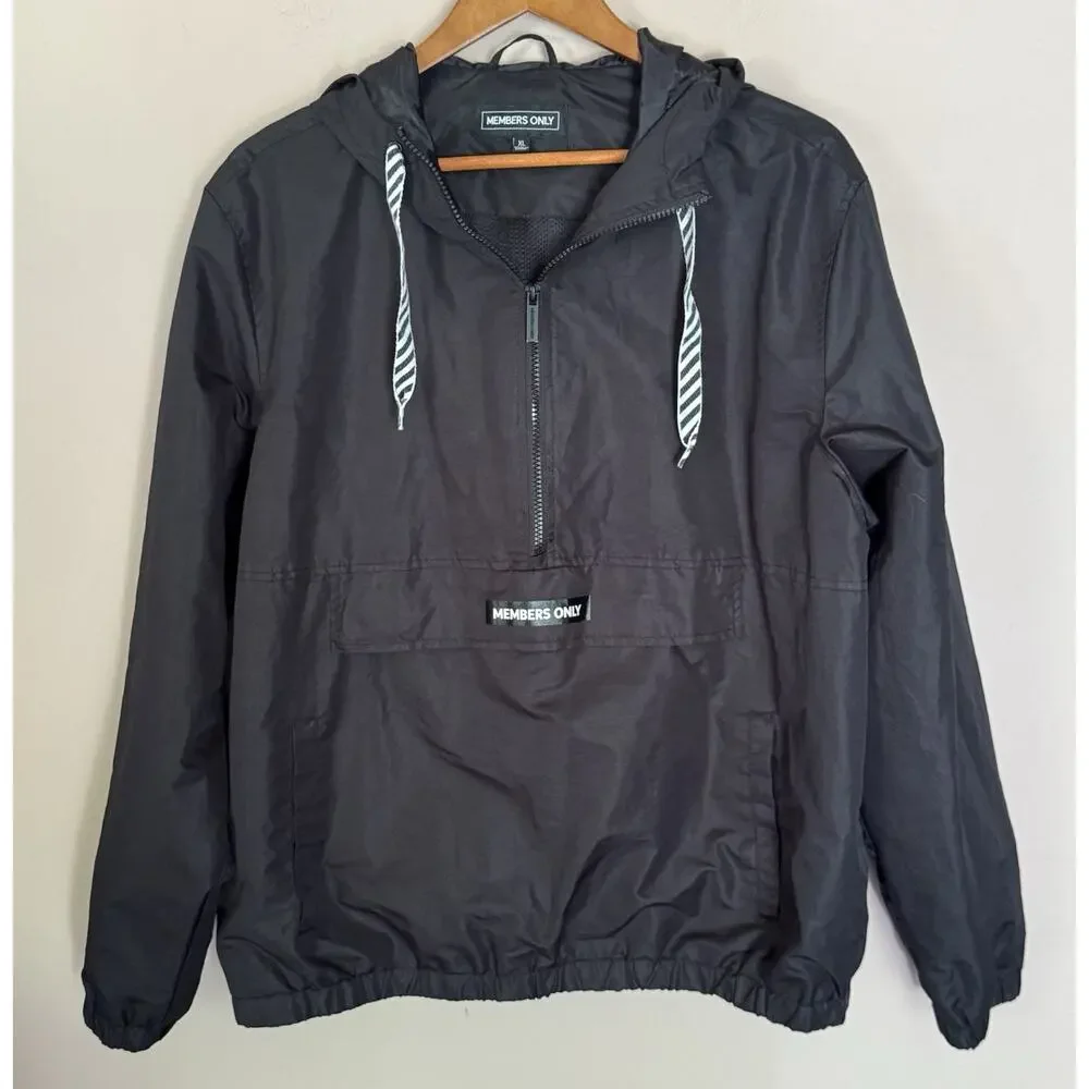 Members Only Black Anorak Windbreaker Jacket with Hood Logo Spellout XL